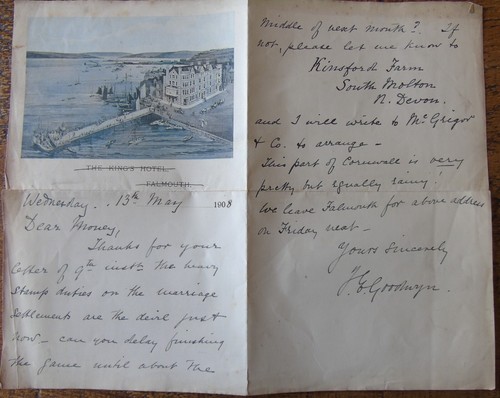 The King's Hotel Falmouth Headed Letter From J Goodwyn South Malton Devon 1908 - Picture 2 of 4