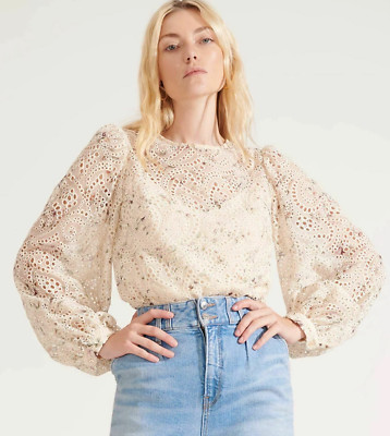 VERONICA BEARD Azar Floral Eyelet Long Balloon Sleeve Sheer Blouse 8 (NO LINING)
