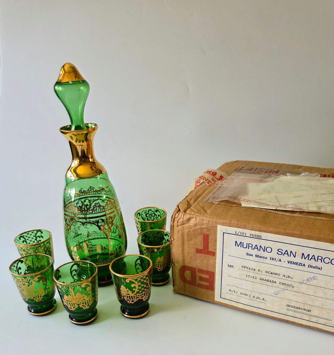 工芸品 SAN MARCO MURANO GLASS Vtg MURANO Glass 8 Pc. Decanter Set San Marco Square