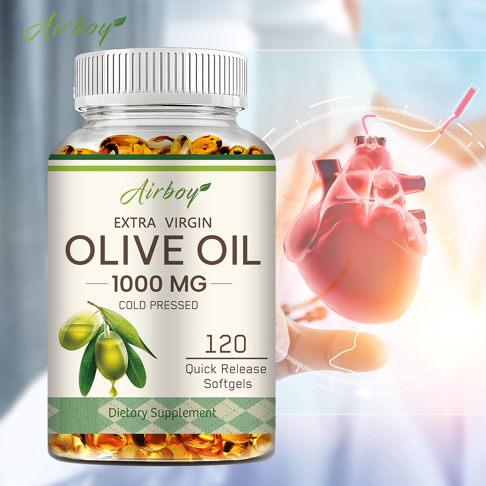 Aceite de Oliva 1000mg - Apoya la Energía, la Salud del Corazón, el Apoyo Inmunológico y Digestivo