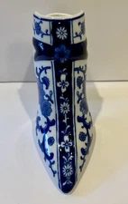 Vintage Cobalt Blue and White Hand Painted Porcelain Victorian Shoe 7” - Floral