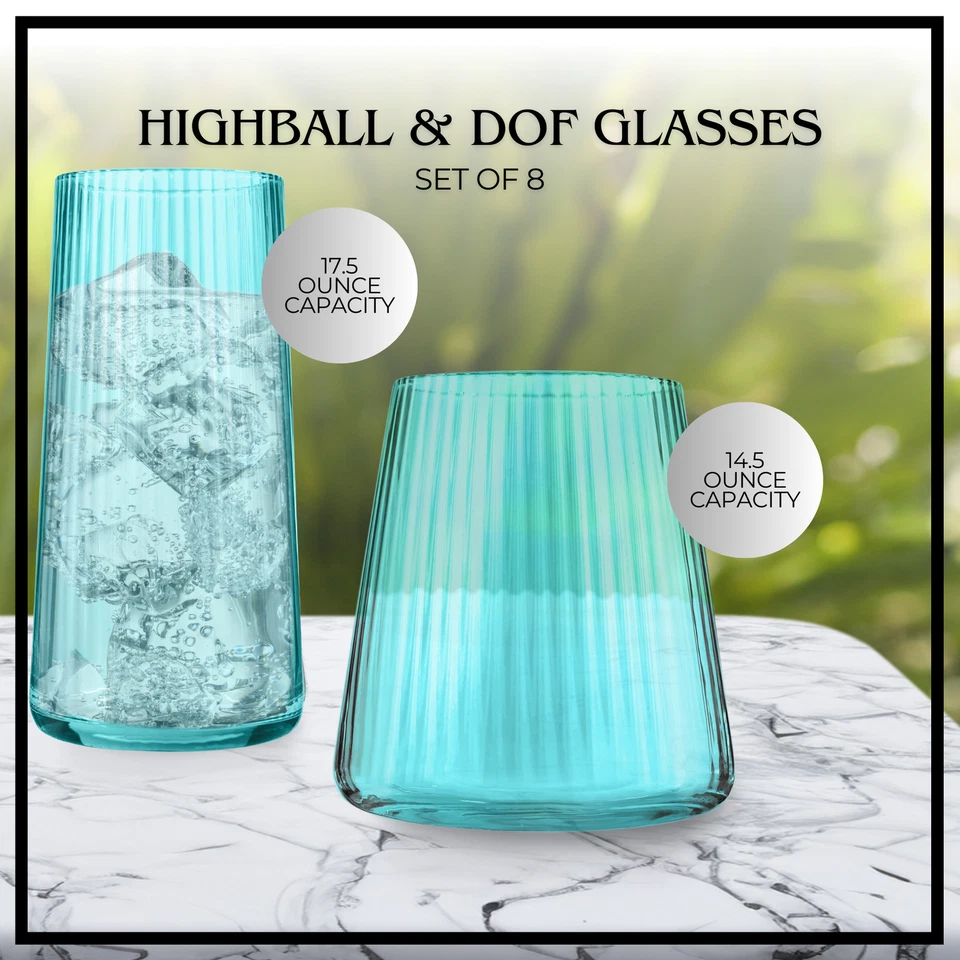 Artland Soho Optic Highball and DOF Glass, 8 Piece Set - Light Turquoise - Image 2 of 4