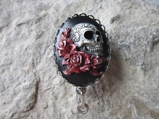 Skull and Roses Hand Painted Cameo ID Badge Holder - Lanyard - Goth - Red Roses