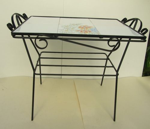 1960's Wrought Iron Rectangular Table H/Painted Tiles w Floral Design Signed Art - Picture 2 of 15