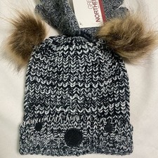 baby infant beanie hat and glove 12-24m gray bear face puff ear ball gray new