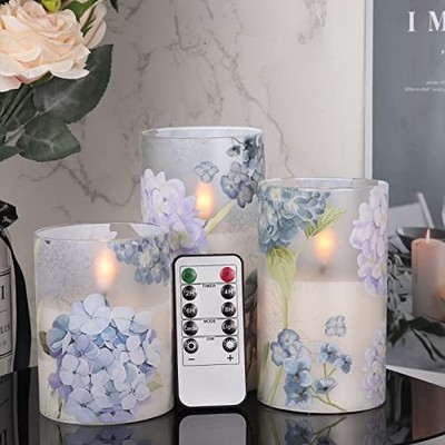 Hydrangea Glass Flameless Candles with Remote Timer A-3 Pack - Remote Timer
