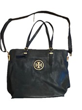 Tory Burch Large Black Soft Pebbled Leather Logo Tote Shoulder Bag