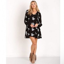 Free People Black Embroidered Long Sleeve Cutout Back Mini Dress Large OB439596