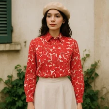 Cacharel Paris Red Fruit Print Blouse Cotton Button Front Vintage 70s 80s Top S