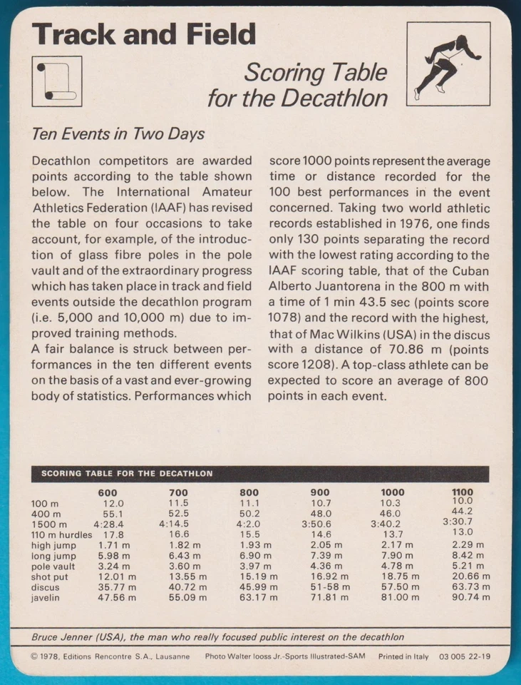 Sportscaster 1978 - Mesa de puntuación con Bruce Jenner - pista y campo - Italia # 22-19 Foto 2 de 4