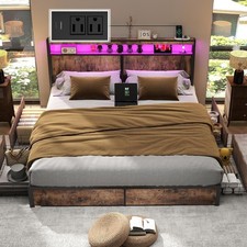 DUJAHM Queen Bed Frame with 4 Storage Drawers, Charging Station and LED Lights