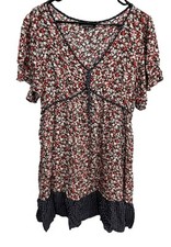 Suzanne Betro Floral Print Boho Tunic Dress Sz 2X Short Sleeves Ruffled Hem