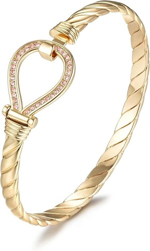 Women 9ct Gold Bangle Bracelet with Pink Stones (6mm Thick & 8 Inch Long) GF