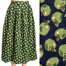 1980s Vintage Midi Skirt Fine Wale Corduroy Green Apple Print Girls 16 Womens XS