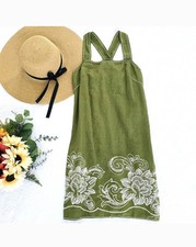 Max Studio Women's Linen Mini Dress Size Small Olive Green White Embroidery Boho