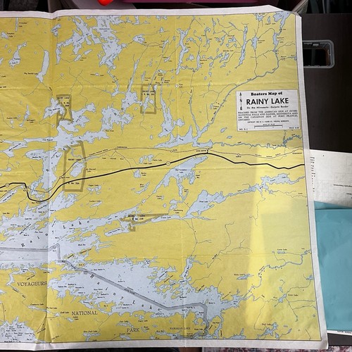 Vtg 1963 Parchment Paper Boaters Map of Rainy Lake Minnesota-Ontario Border READ