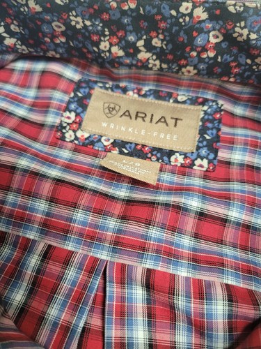 Ariat Shirt Mens Red Plaid Casual Button Up Long Sleeve Large Western Wrinkle Fr - Picture 2 of 10