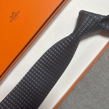 Extremely beautiful HERMES with Box Included Tie Navy Gray H Pattern H Weave F