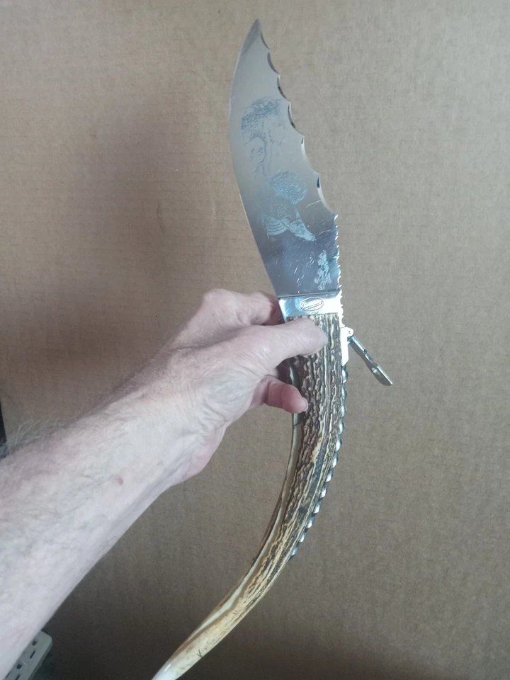 Cuerno de ciervo 17 1/4" hoja de bloqueo cuchillo plegable hoja de acero inoxidable italiano elegante Foto 2 de 4