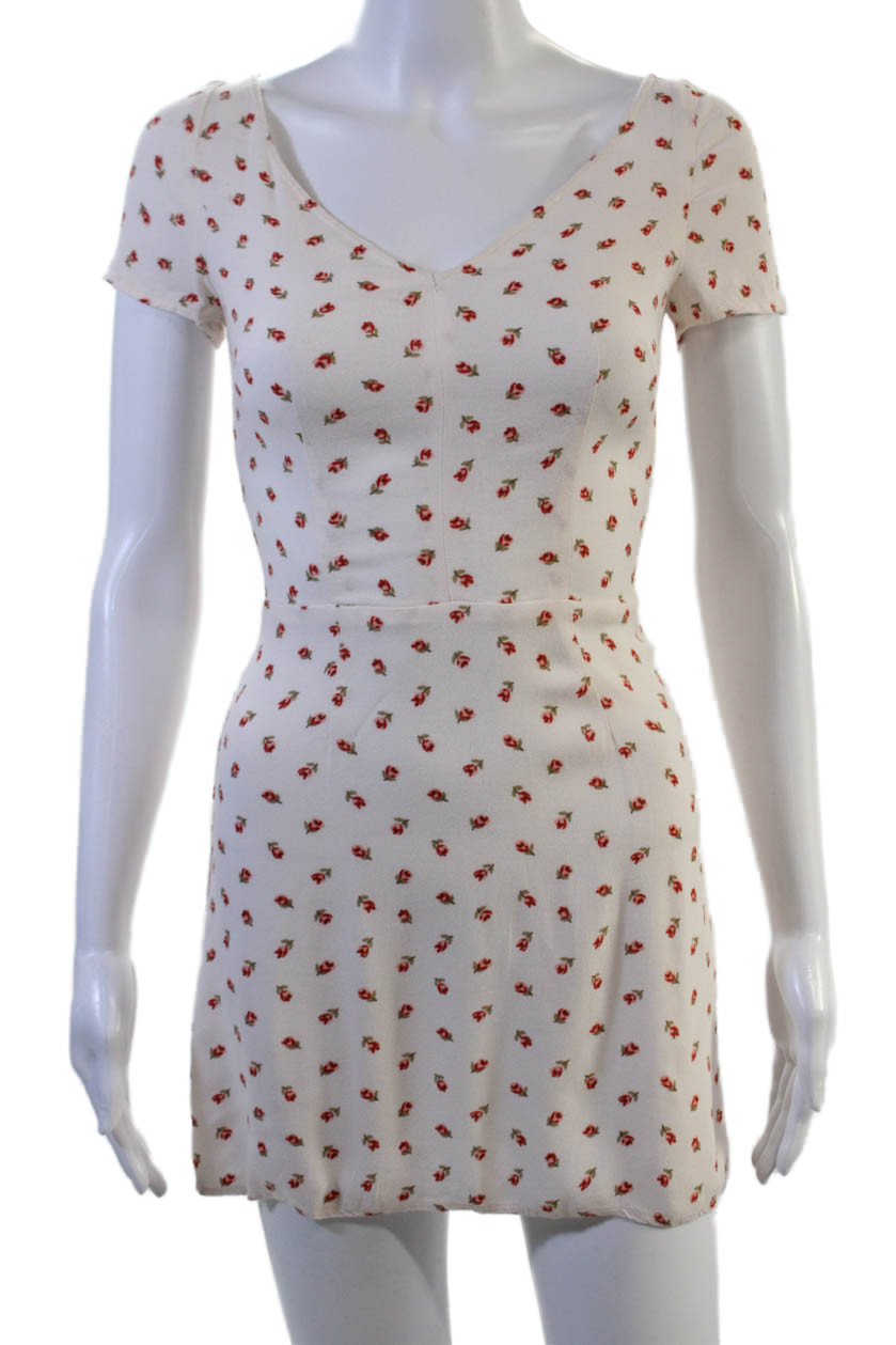 Reformation Women Mini Sundress White Floral V-Neck Viscose Size 0Free Shipping in US $100+ Orders | $6.95 Orders Below
