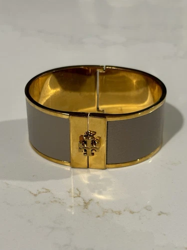 Bracciale con cerniera Tory Burch in oro e pelle tortora