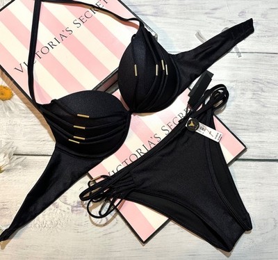 Victoria's Secret Swim Banded Hardware Bikini Push Up Top Cheeky Set Black