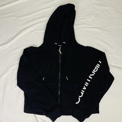 Calvin Klein Performance Womens Cropped Full Zip Hoodie Logo Sleeve Black S