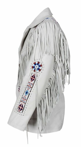 Herren weiße amerikanische Native Western Echtleder Cowboyjacke Fransen & Perlen - Bild 2 von 5