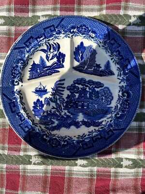  Blue Willow' Old Divided Plate 10'' Blue & White -Crazing -Made In Japan Heavy