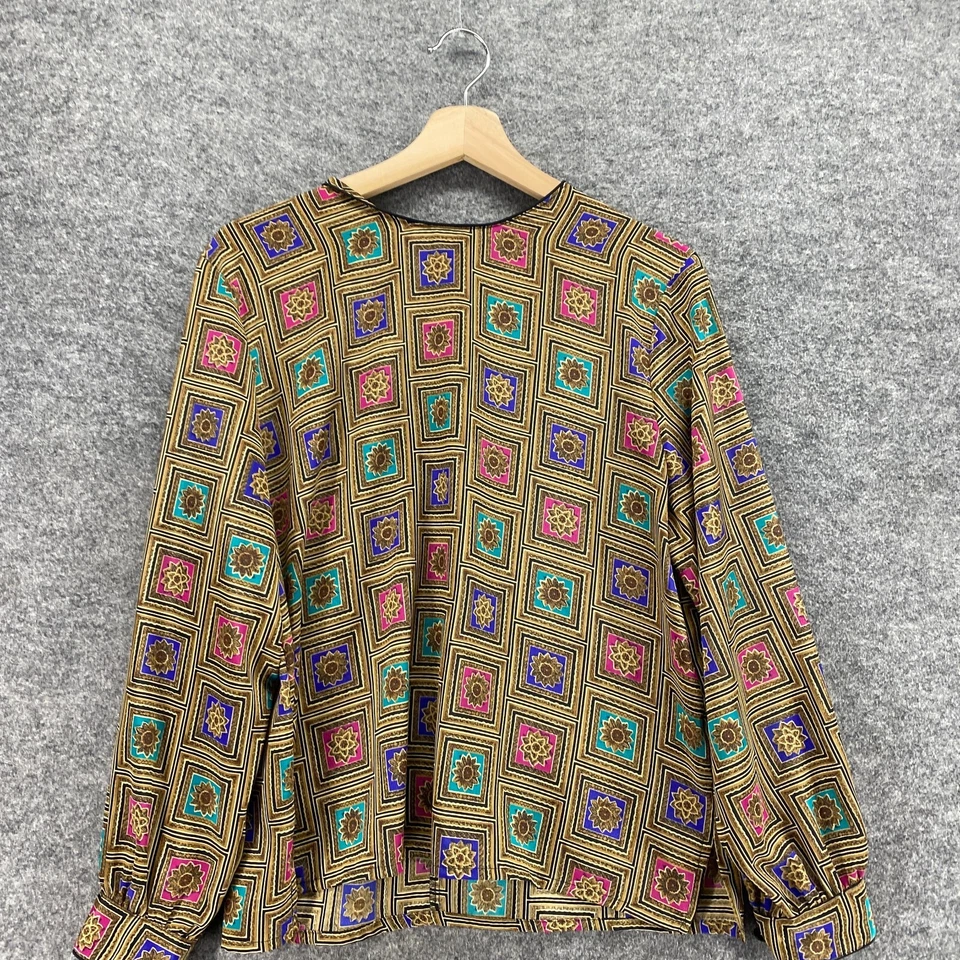 TanJay Blouse Women 8P Petite Brown Geometric Crew Neck Long Sleeve Button - Image 3 of 4