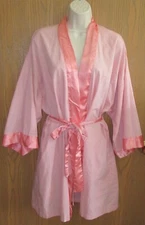 JOSIE NATORI PEACH PINK plaid SATIN trim 3/4 KIMONO sleeve OPEN frt robe size L