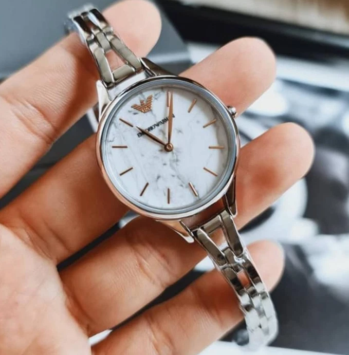 Emporio Armani AR11167 Marble White Dial Stainless Steel Analog Ladies Watch