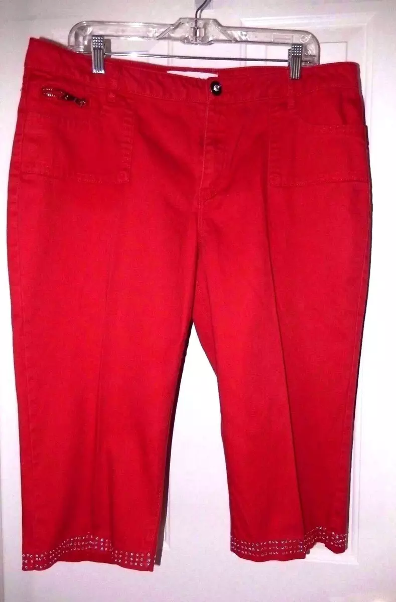 Fashion Bug Cropped Capri Pants w Rhinestone Bling Hem-14, red CUTE!