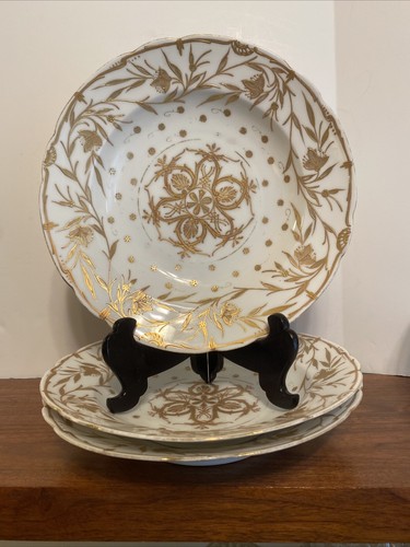 Fischer & Mieg Pirkenhammer Porcelain 3 Serving/Soup Bowls 9.5” Gold Encrusted - Picture 9 of 9
