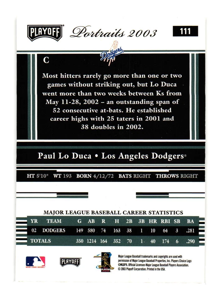 2003 Playoff Portraits #111 Paul Lo Duca Los Angeles Dodgers - Image 2 of 2