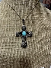 Cross Necklace Sterling Silver 925 Turquoise Marcasite TJT Beautiful