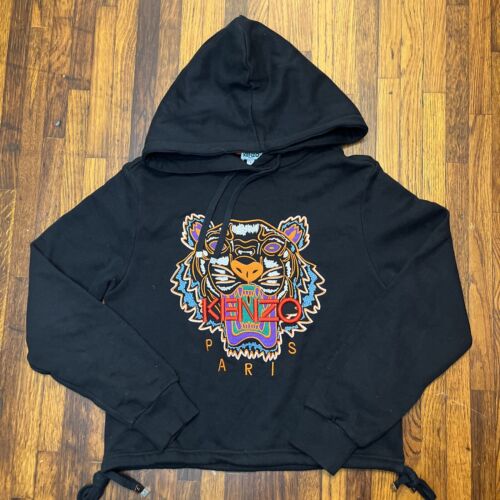 KENZO Embroider Tiger Hooded Crop Sweatshirt Women’s Small Black Jumper 3D