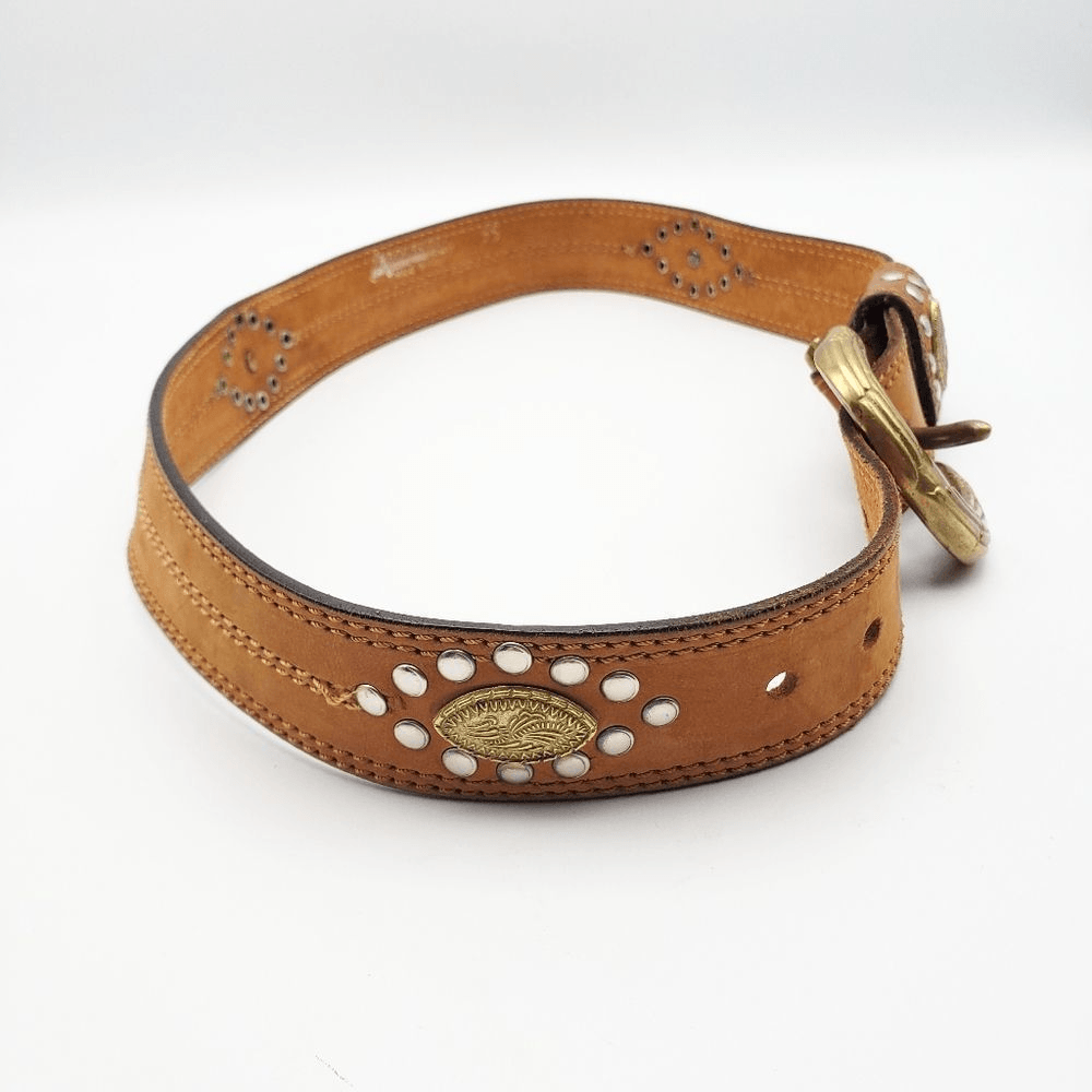 DOPPIA VITA Brown Leather studded Belt Gold Hardware | eBay display picture 1