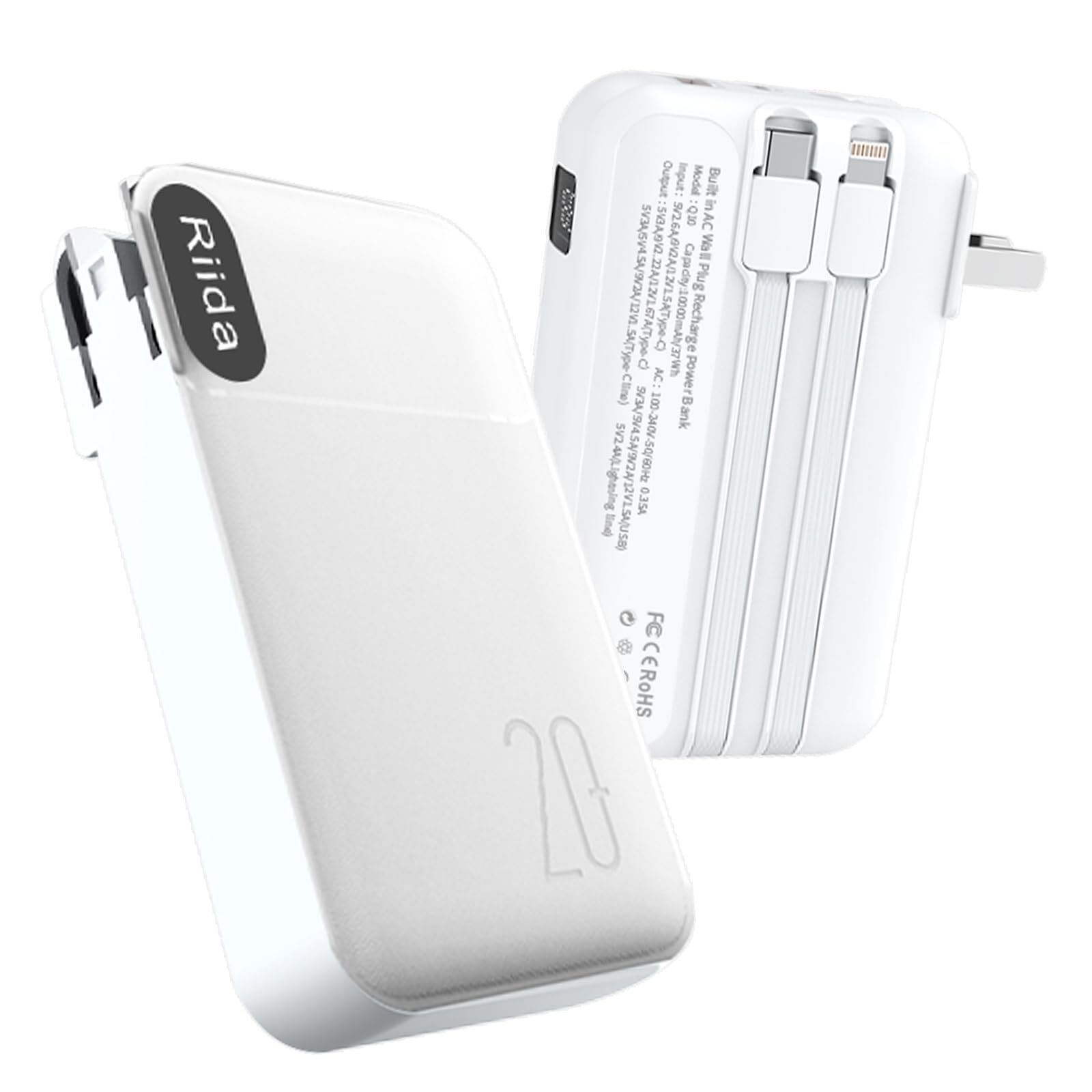 Portable Charger 20000mah with Built in Cables and AC Wall Plug, 22.5W Fast C...