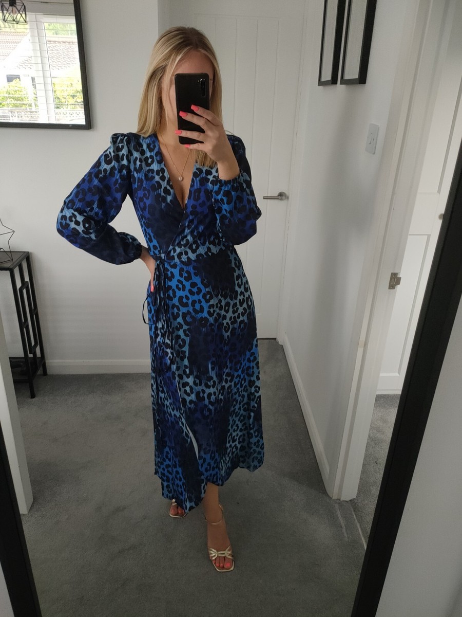 Blue Black Leopard Long Sleeve V-neck Occasion Wedding Guest Maxi