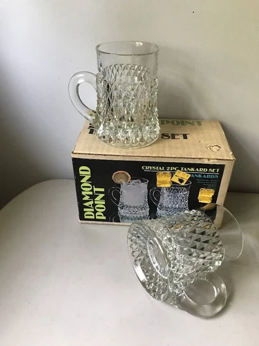 2 Vintage Indiana Glass Tankard Mugs New Crystal Diamond Point w Box