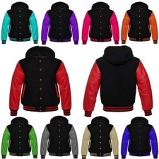 Varsity Letterman Bomber Black Wool  Genuine Leather Sleeves Baseball Hoodie