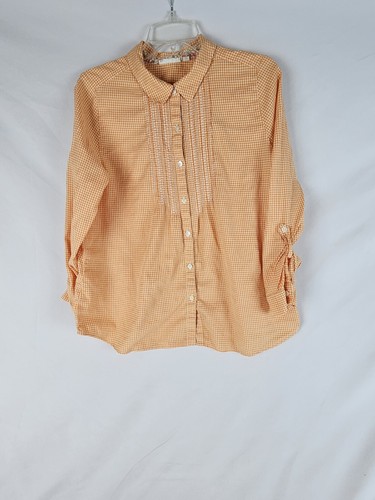 J. Jill Uncommon Threads Size M PETITE Orange Gingham Pintuck Pleated Shirt