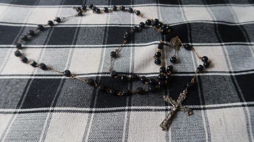 Vintage Antique Black Wood Bead Rosary NB4 - 第 1/7 張圖片