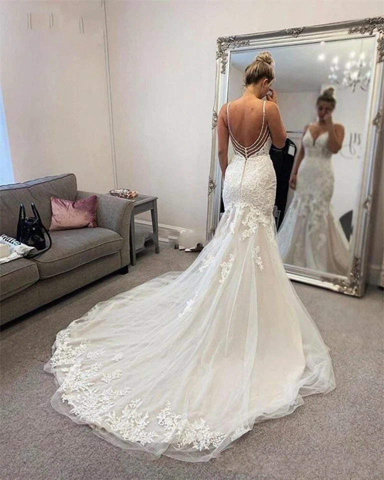 Sexy Sirena Vestidos de Novia Espagueti Espalda Sin Espalda Encaje Barrido Tren Vestidos de Novia Foto 3 de 4
