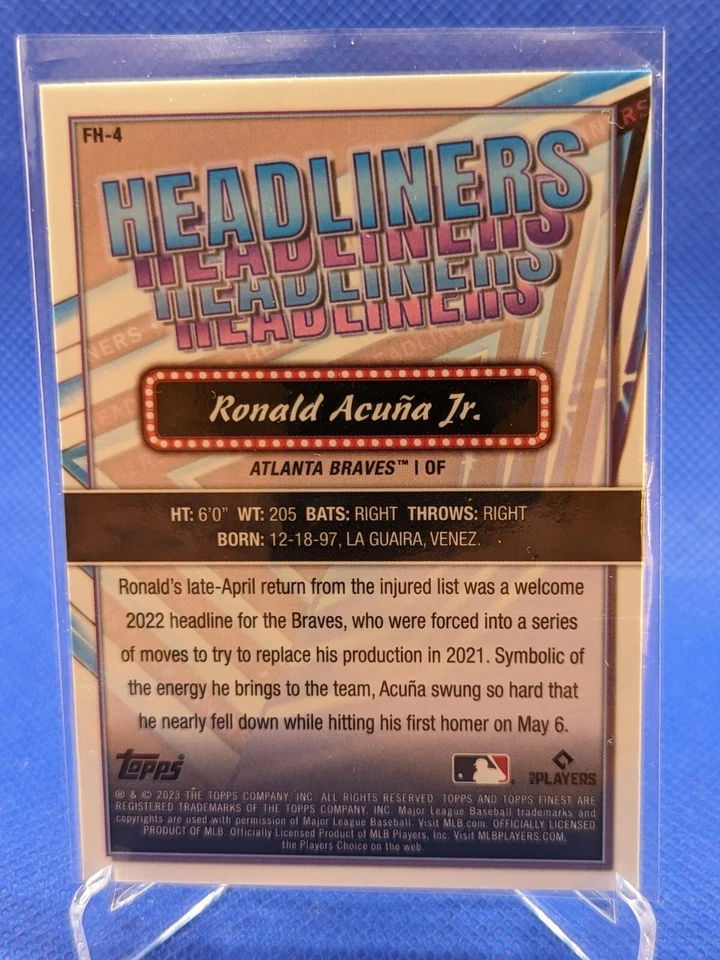 Ronald Acuña Jr. 2023 Topps Finest #FH-4 Headliners Refractor Atlanta Braves MLB - Image 2 of 2
