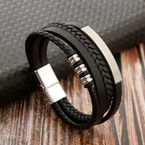 Men's Braided Leather Bracelet Bangle Wristband Layered Stainless Steel Clasp - Picture 6 of 16