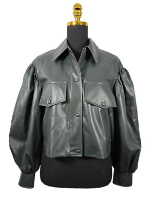 Zara dark green vegan leather puff sleeve jacket UK