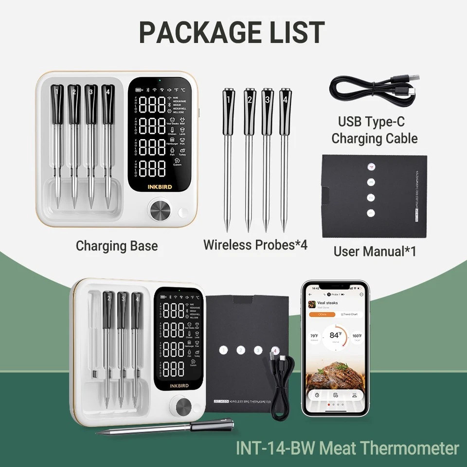 INKBIRD Wireless WiFi Bluetooth BBQ Thermometer INT-14-BW 4 Meat Probe Sensor CF — image 17