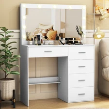Vanity Desk Set w/ Large LED Lights Mirror Makeup Dressing Table and 5 Drawers